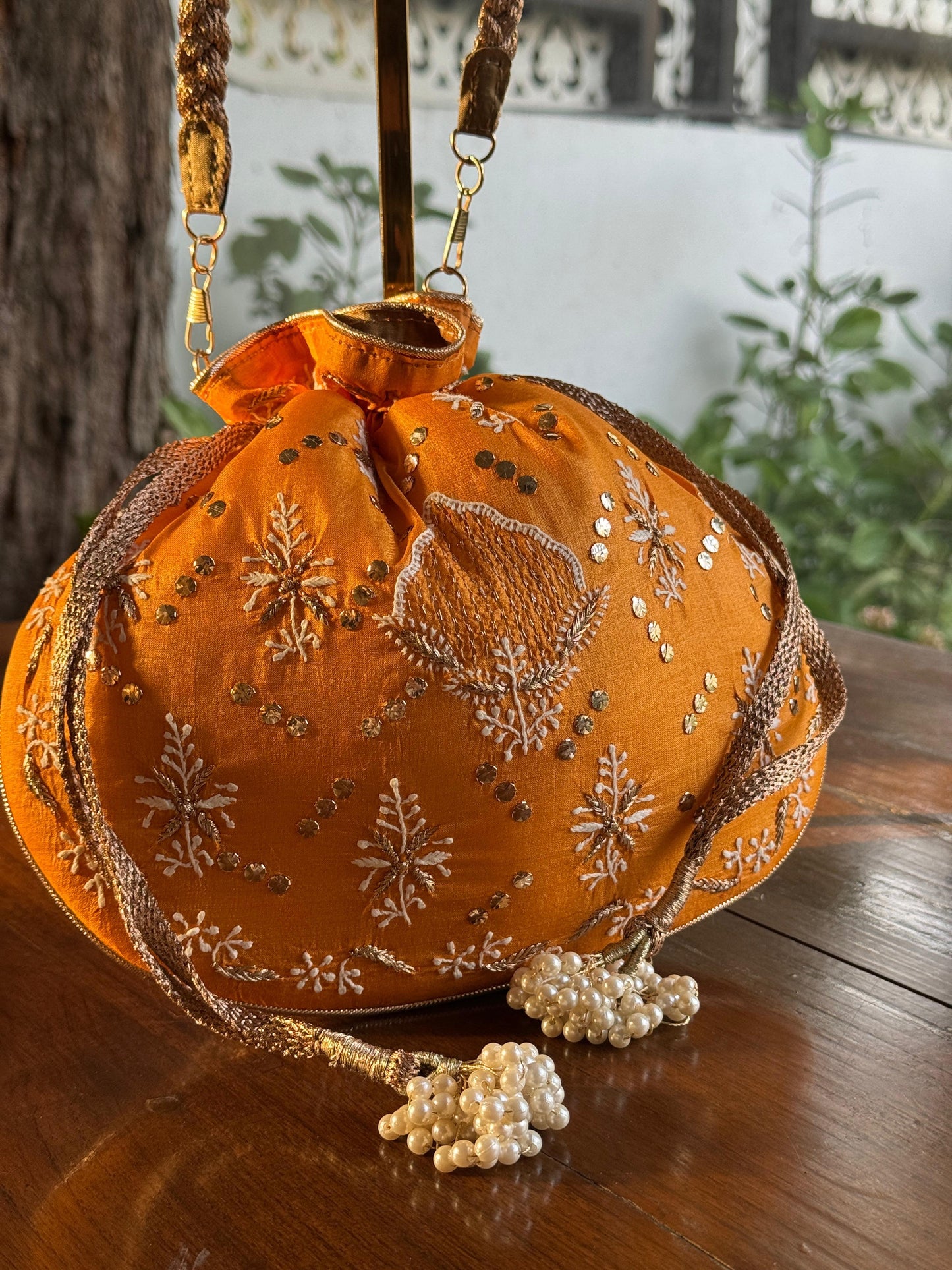 Orange Shade Raw Silk Chikankari Polti Bag