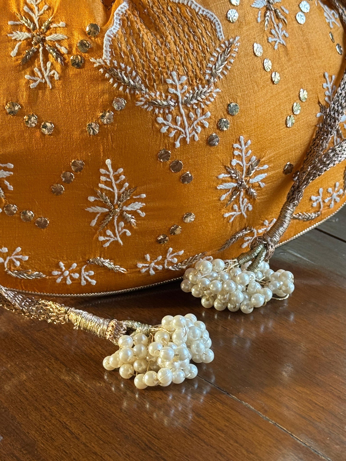 Orange Shade Raw Silk Chikankari Polti Bag