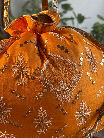 Orange Shade Raw Silk Chikankari Polti Bag