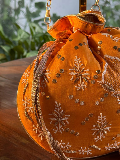 Orange Shade Raw Silk Chikankari Polti Bag