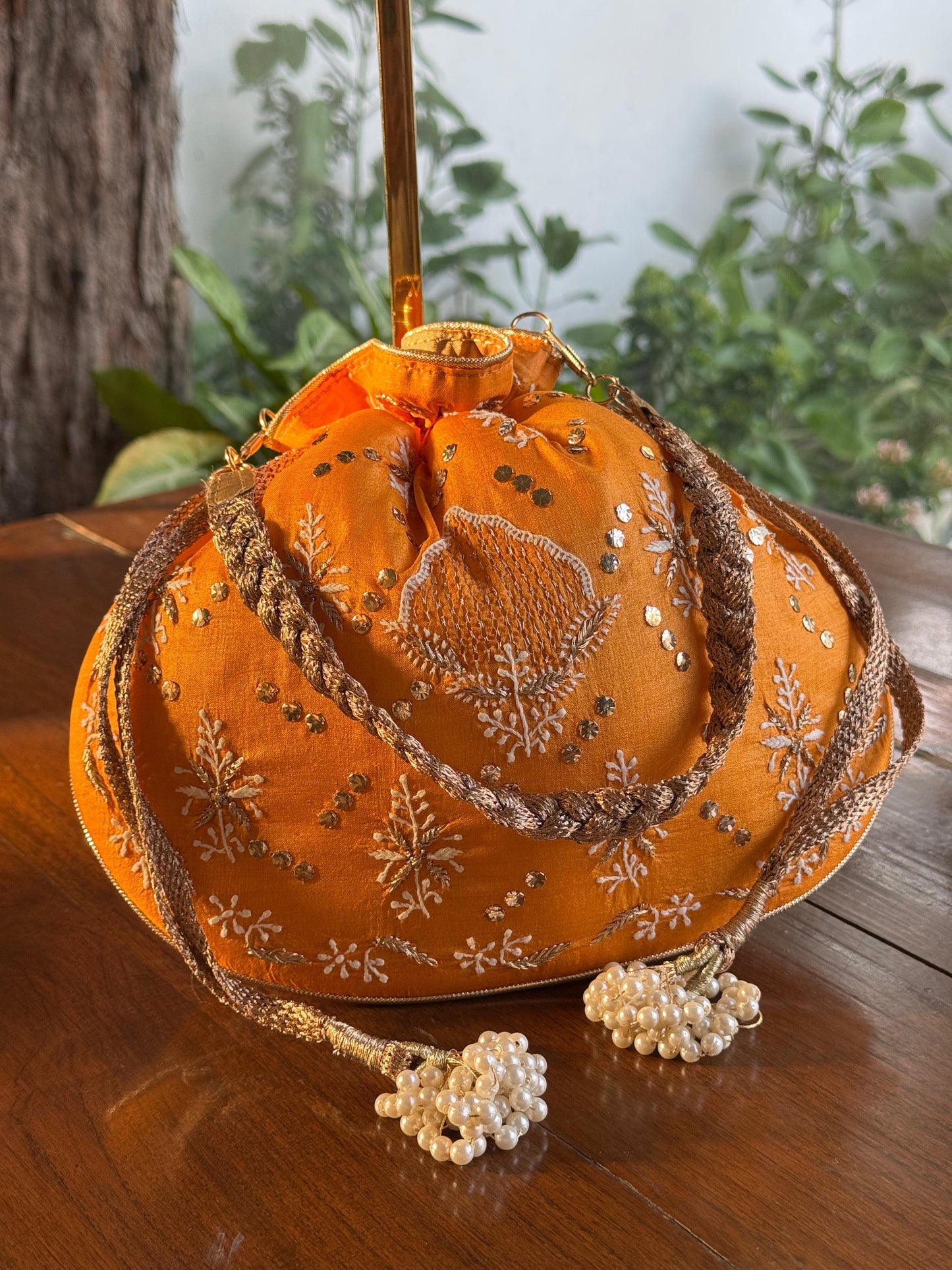 Orange Shade Raw Silk Chikankari Polti Bag