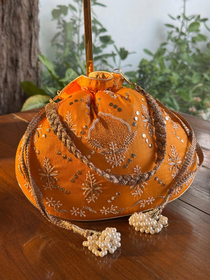 Orange Shade Raw Silk Chikankari Polti Bag