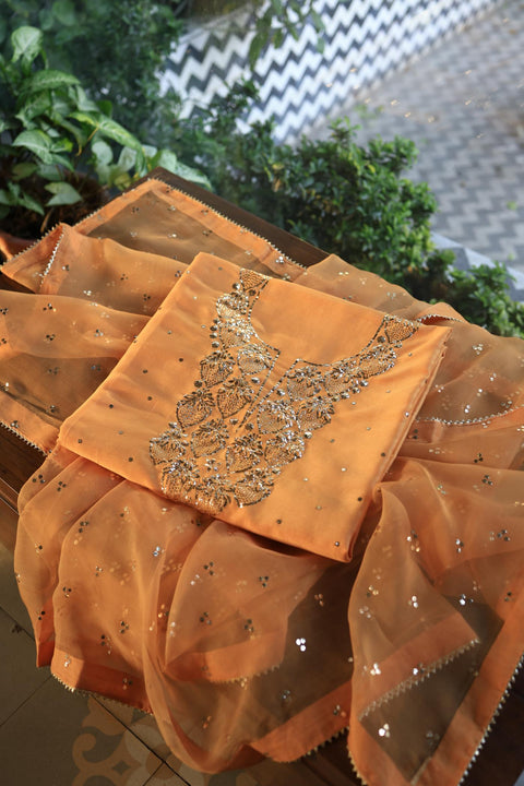Orange Shade Chanderi Silk Mukaish Badla Unstitched Fabrics