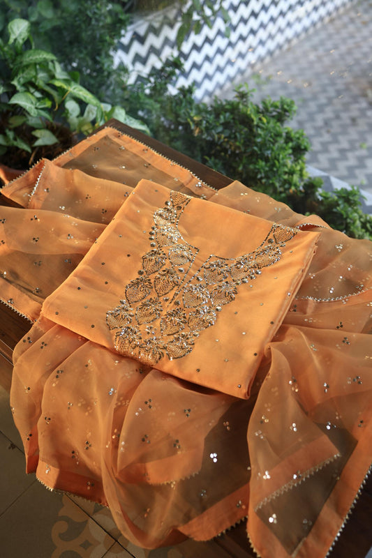 Orange Shade Chanderi Silk Mukaish Badla Unstitched Fabrics