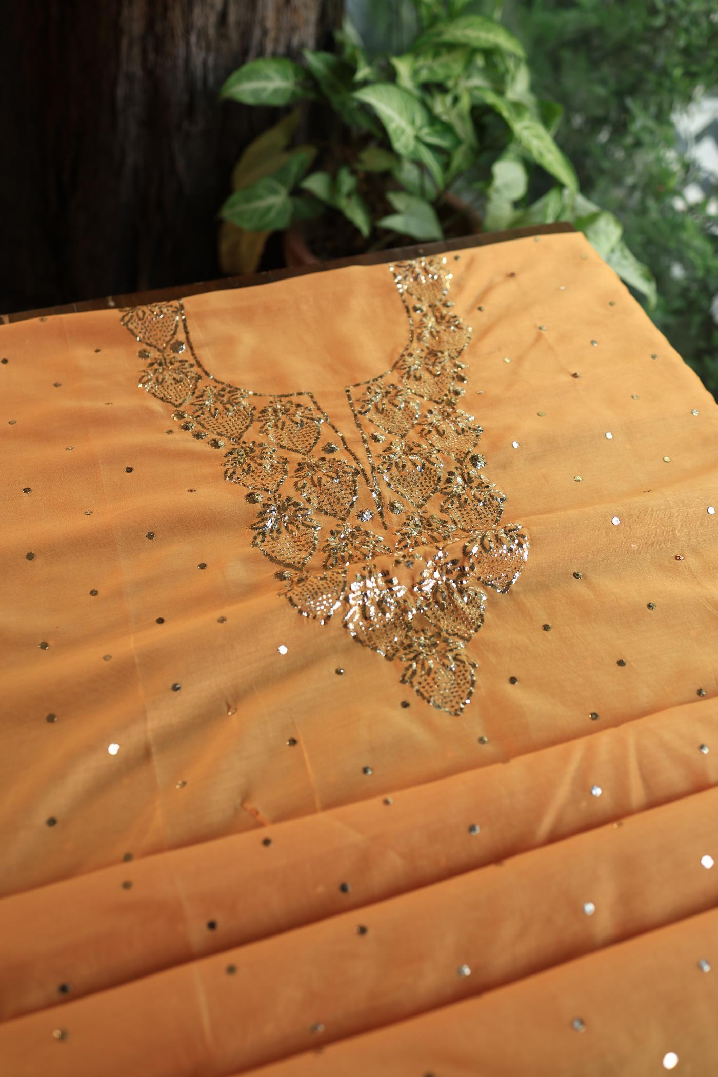 Orange Shade Chanderi Silk Mukaish Badla Unstitched Fabrics