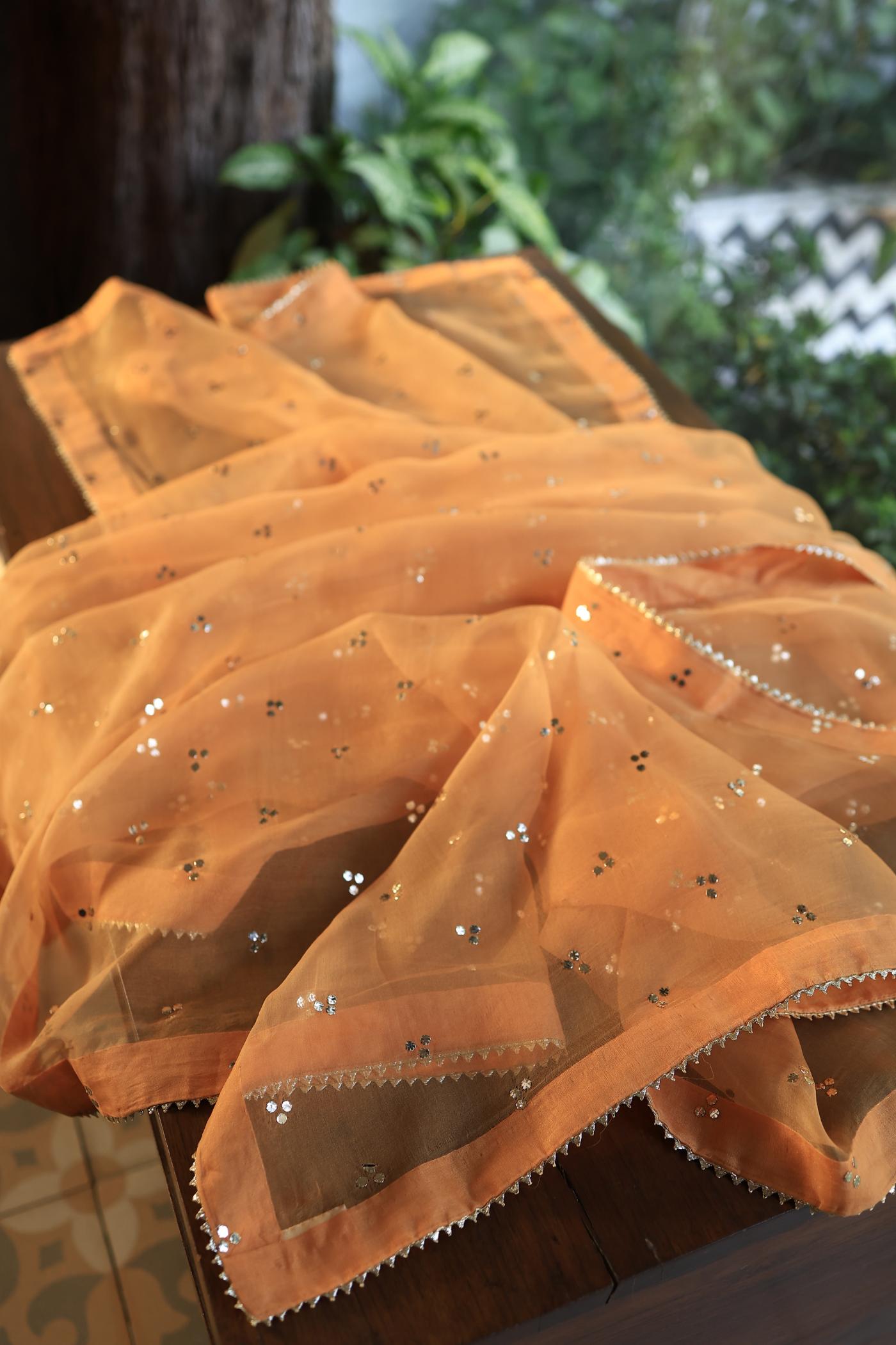 Orange Shade Chanderi Silk Mukaish Badla Unstitched Fabrics