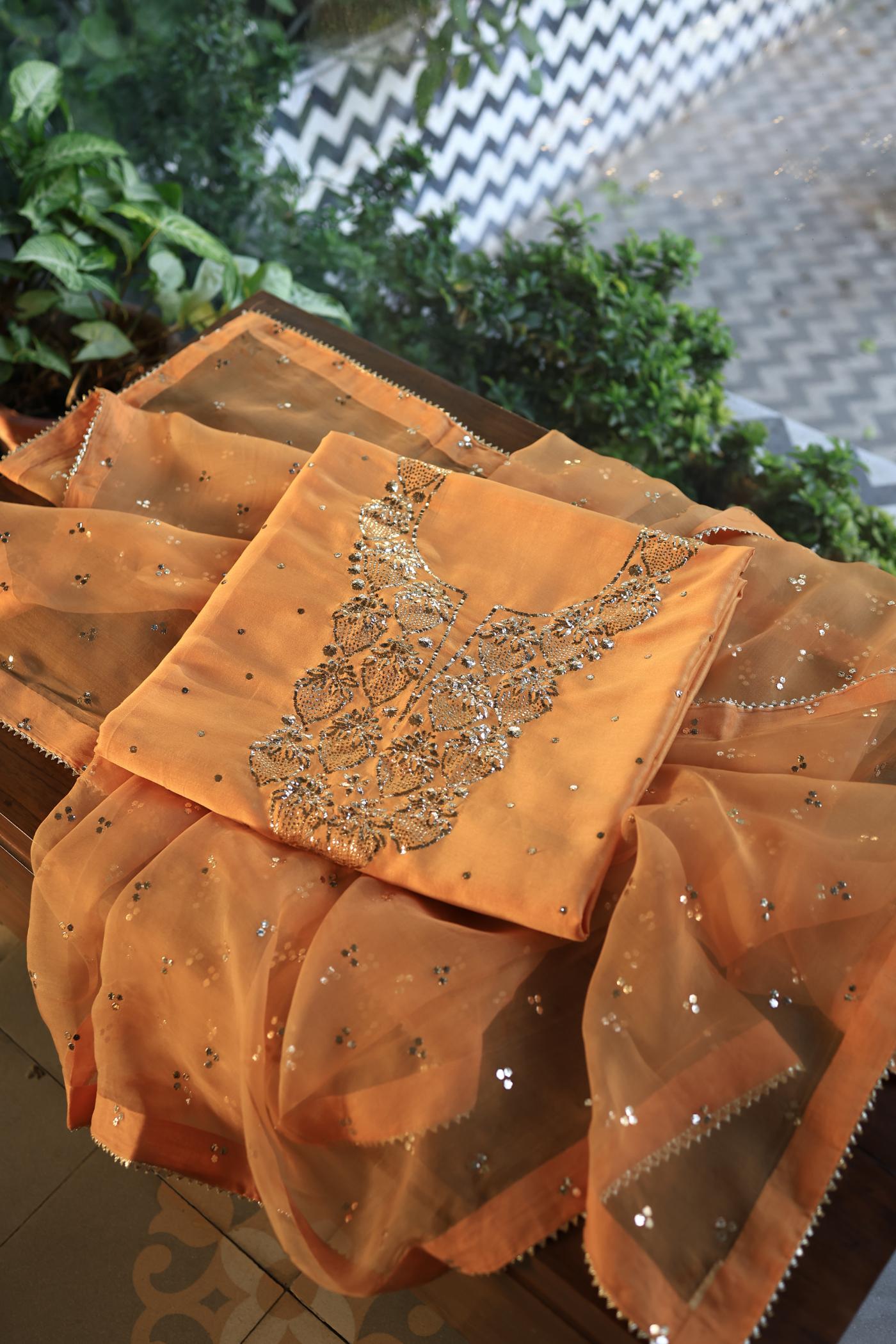 Orange Shade Chanderi Silk Mukaish Badla Unstitched Fabrics