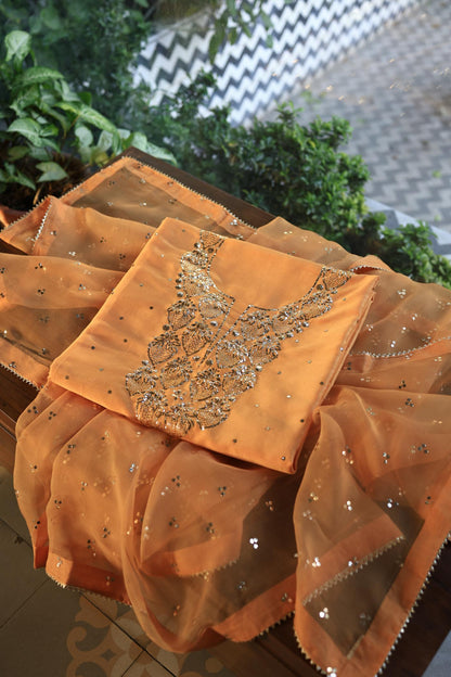 Orange Shade Chanderi Silk Mukaish Badla Unstitched Fabrics