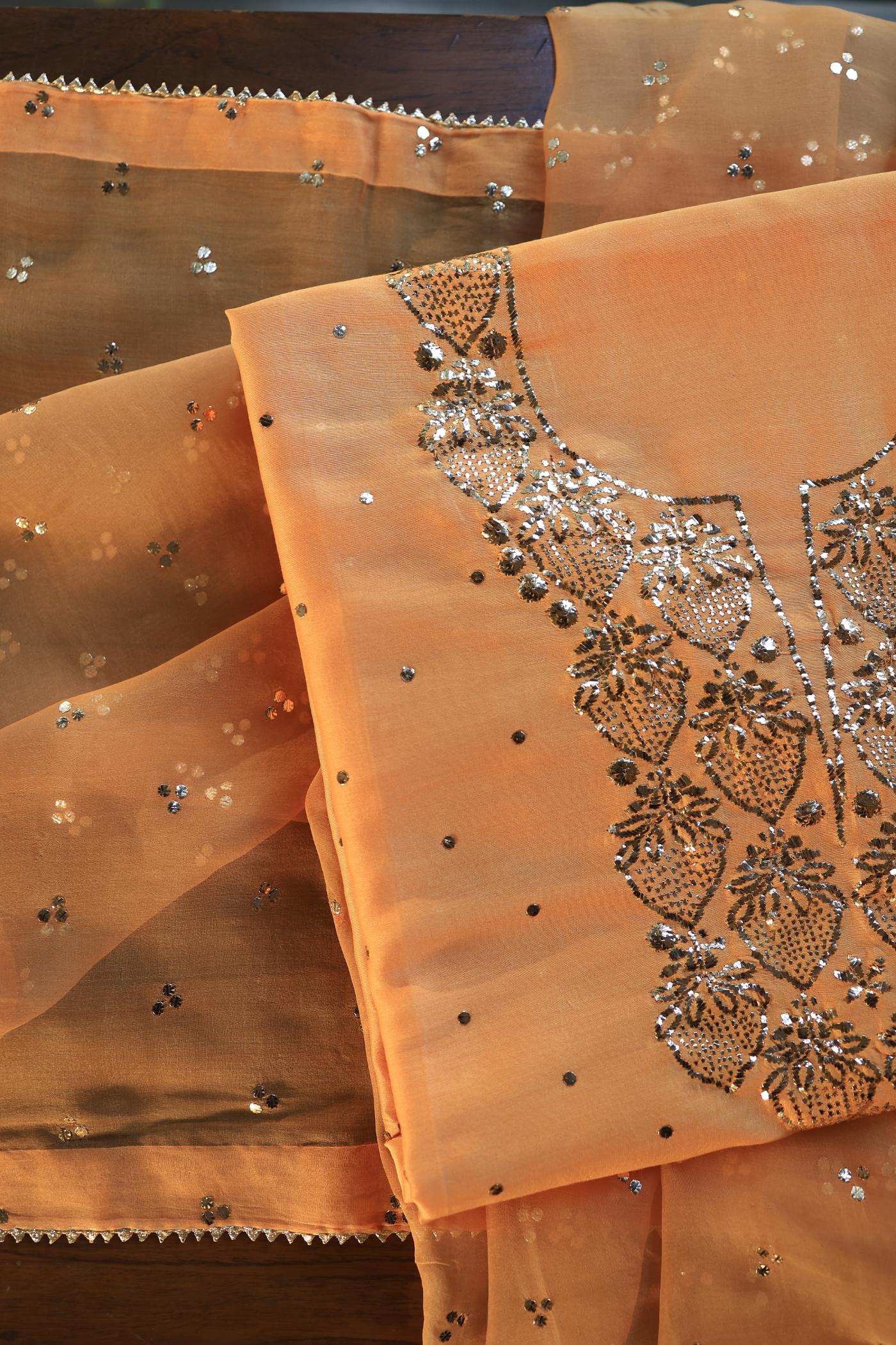 Orange Shade Chanderi Silk Mukaish Badla Unstitched Fabrics