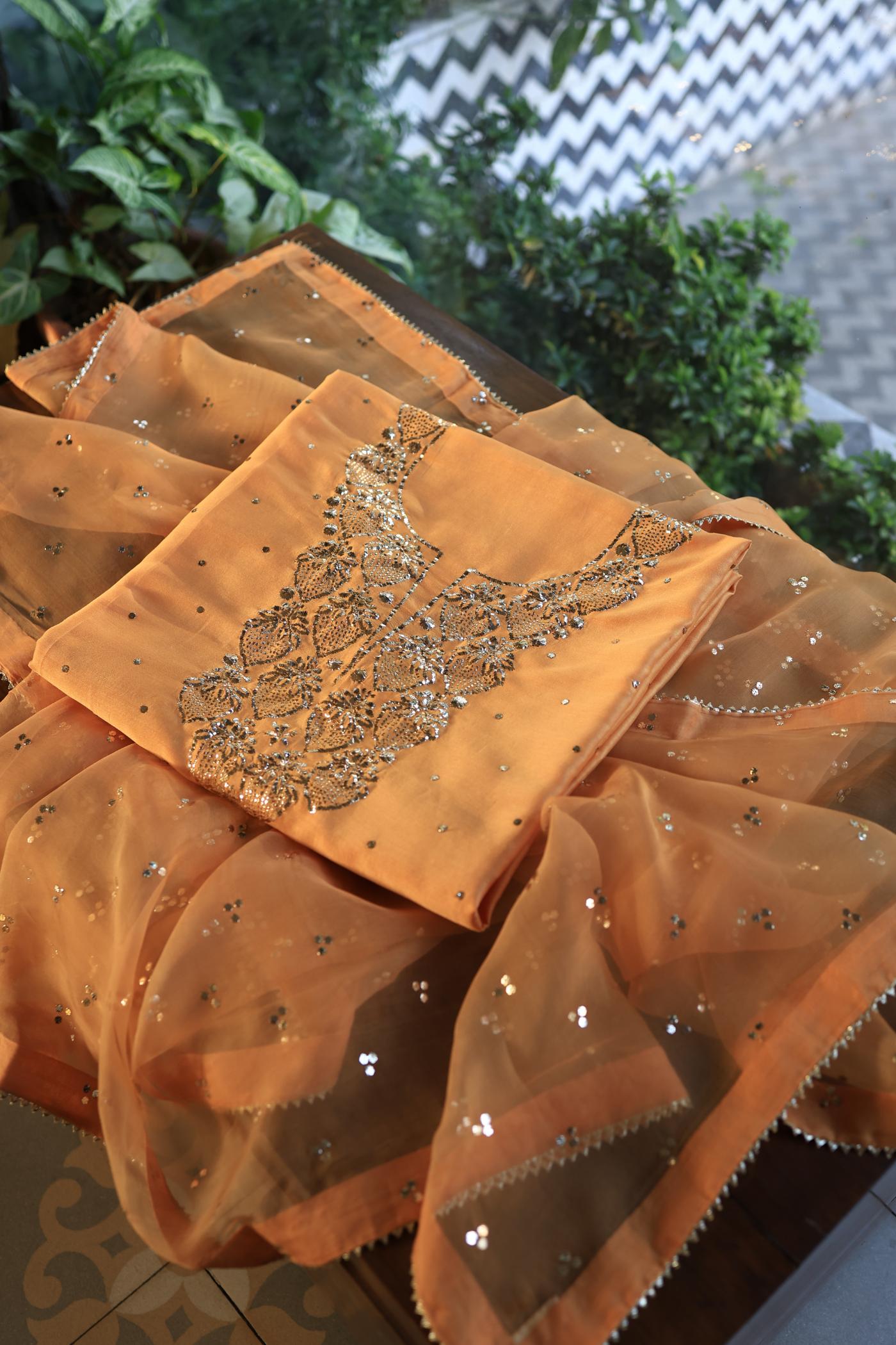 Orange Shade Chanderi Silk Mukaish Badla Unstitched Fabrics
