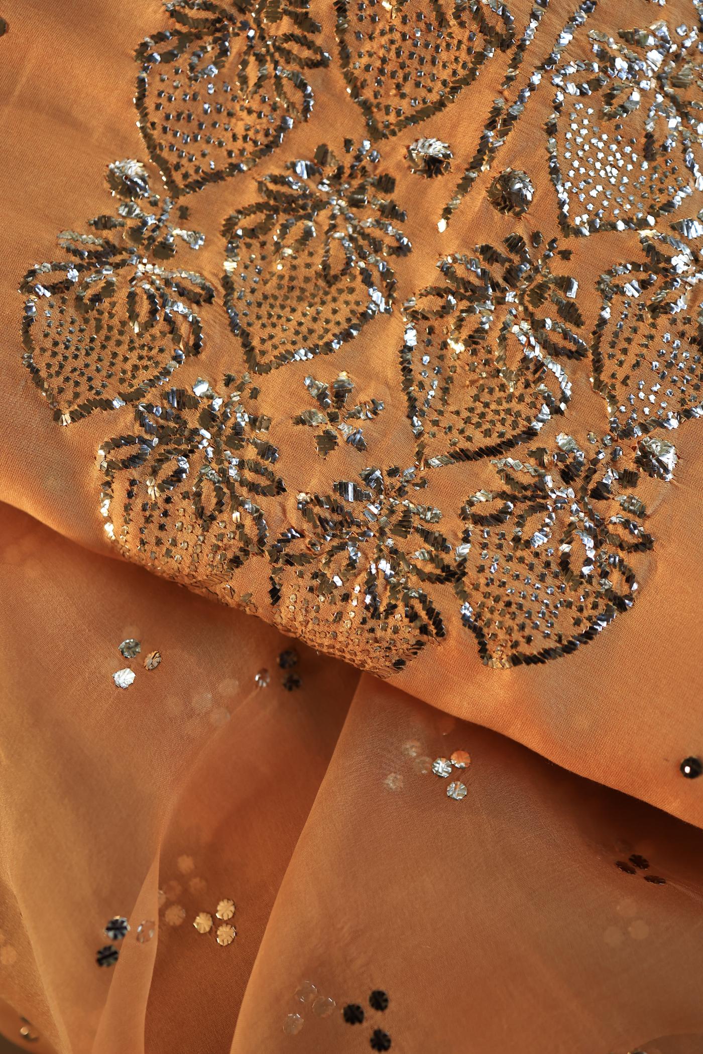 Orange Shade Chanderi Silk Mukaish Badla Unstitched Fabrics