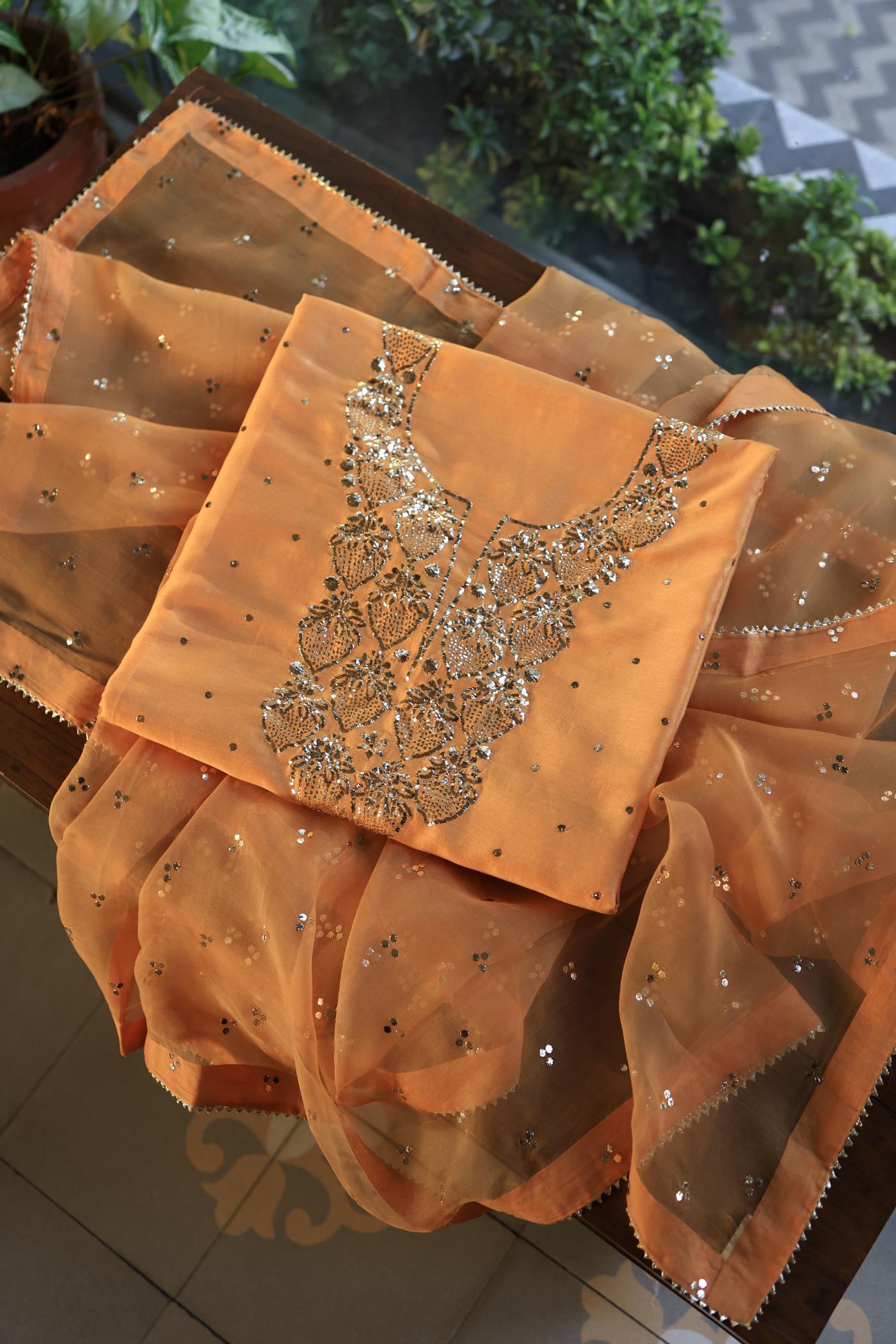 Orange Shade Chanderi Silk Mukaish Badla Unstitched Fabrics