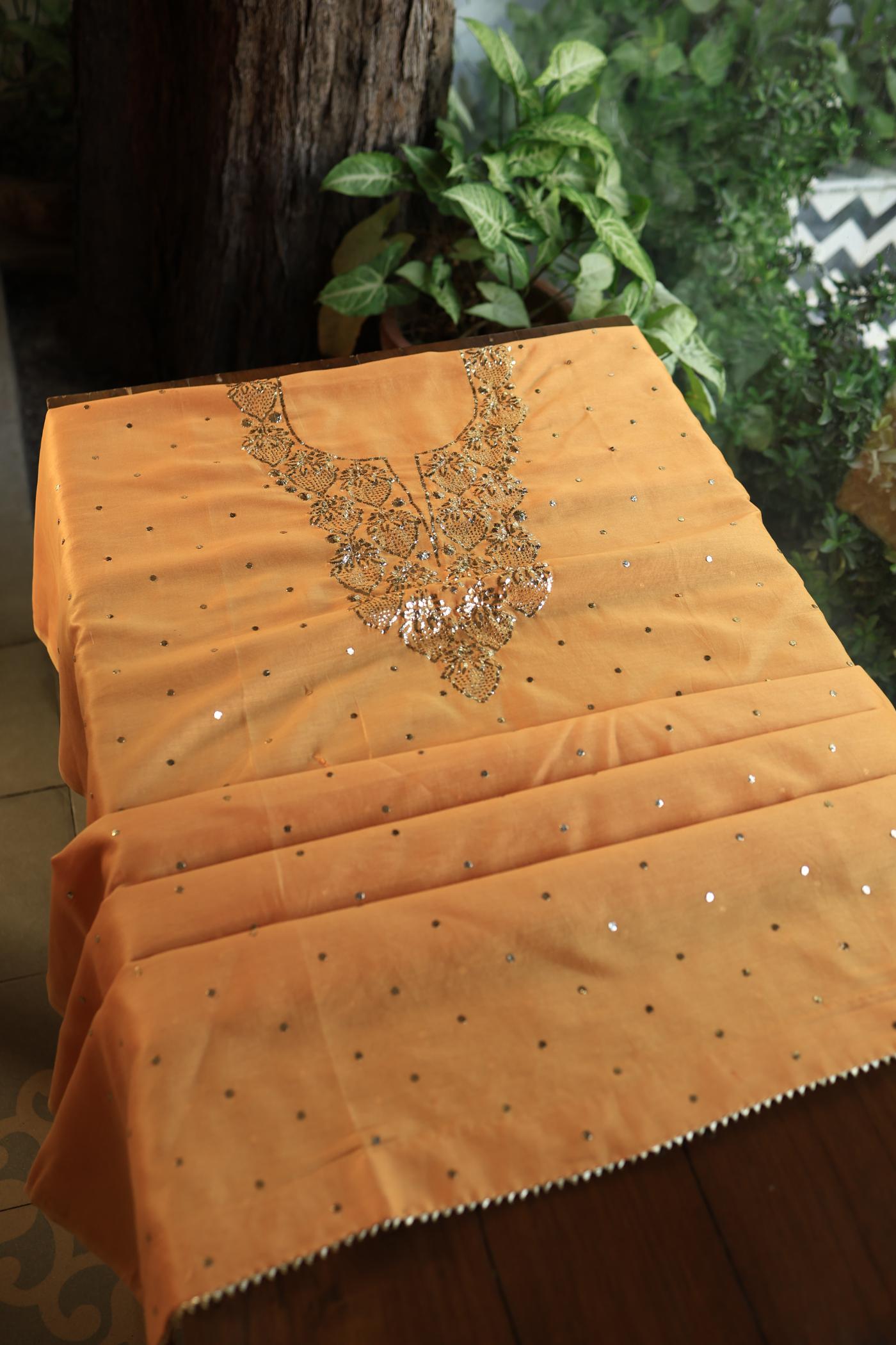 Orange Shade Chanderi Silk Mukaish Badla Unstitched Fabrics