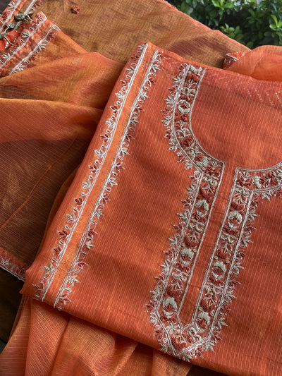 Orange Shade Shade Tissue Kota Chikankari Unstitched Fabric