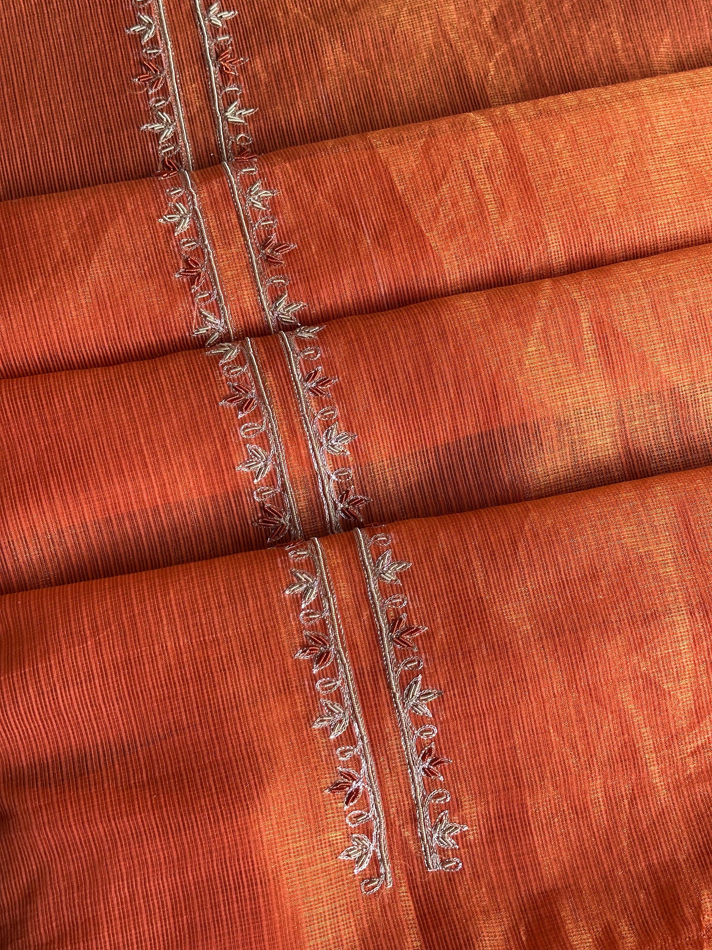 Orange Shade Shade Tissue Kota Chikankari Unstitched Fabric