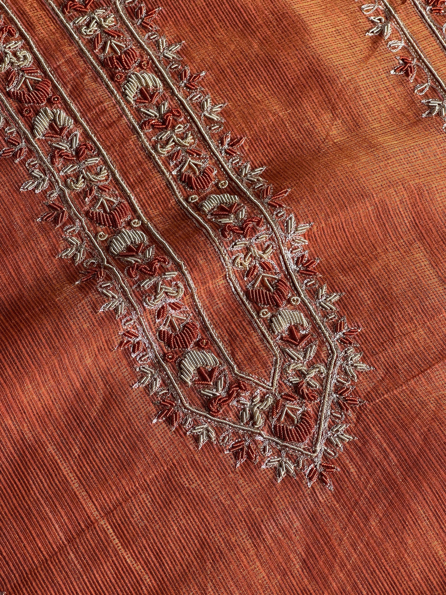 Orange Shade Shade Tissue Kota Chikankari Unstitched Fabric