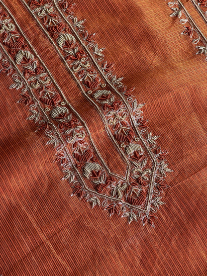 Orange Shade Shade Tissue Kota Chikankari Unstitched Fabric