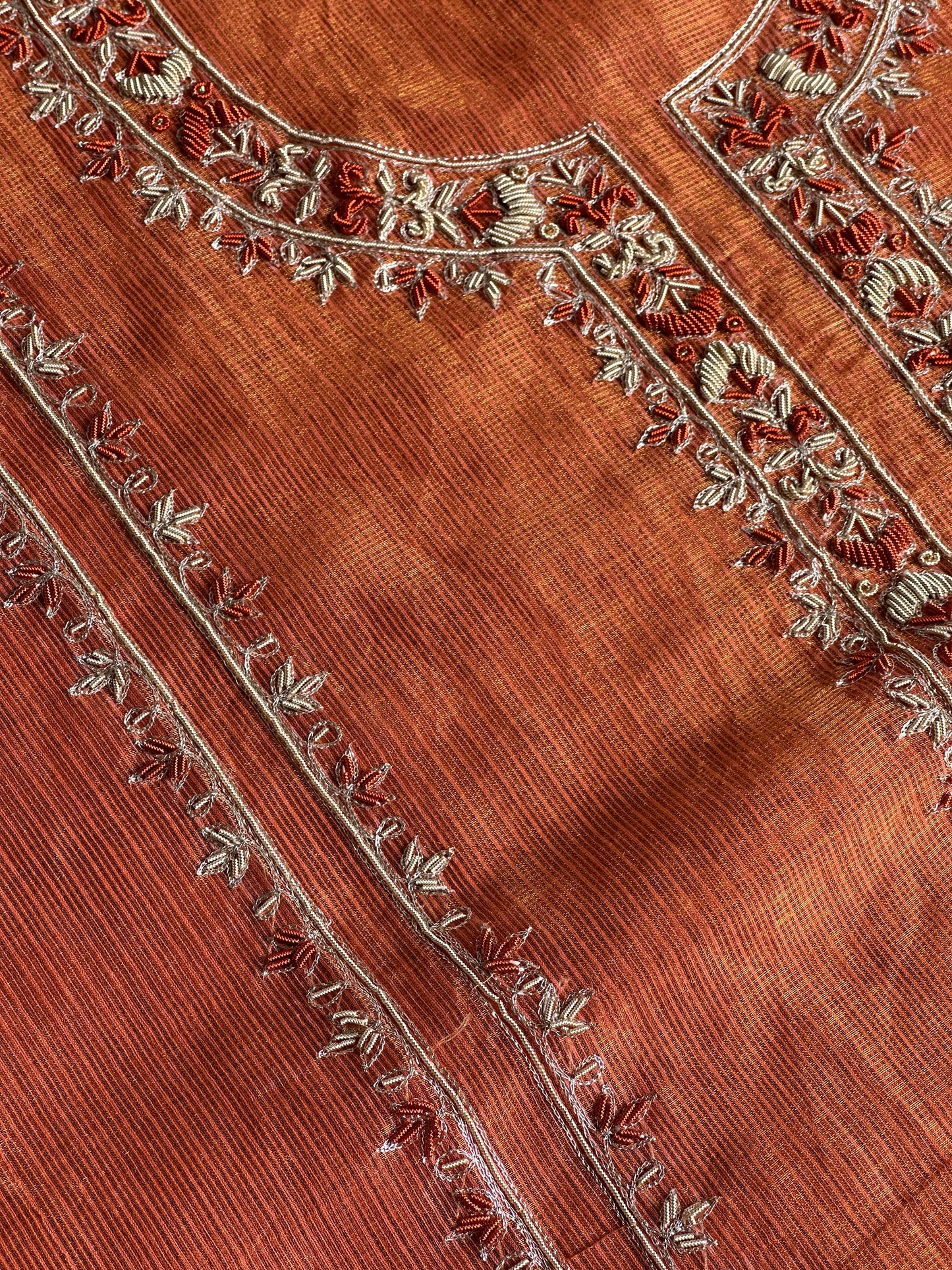 Orange Shade Shade Tissue Kota Chikankari Unstitched Fabric