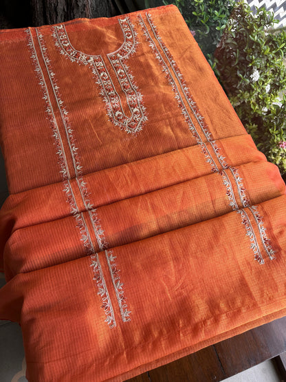Orange Shade Shade Tissue Kota Chikankari Unstitched Fabric