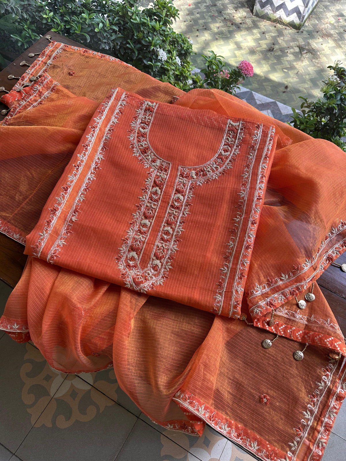 Orange Shade Shade Tissue Kota Chikankari Unstitched Fabric