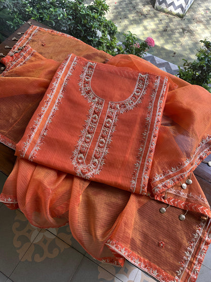 Orange Shade Shade Tissue Kota Chikankari Unstitched Fabric
