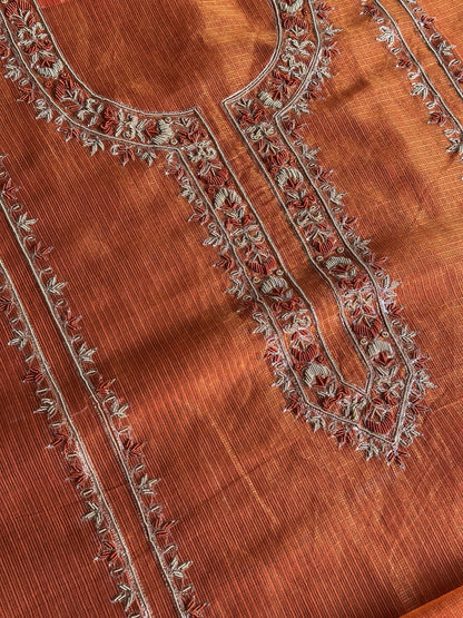Orange Shade Shade Tissue Kota Chikankari Unstitched Fabric
