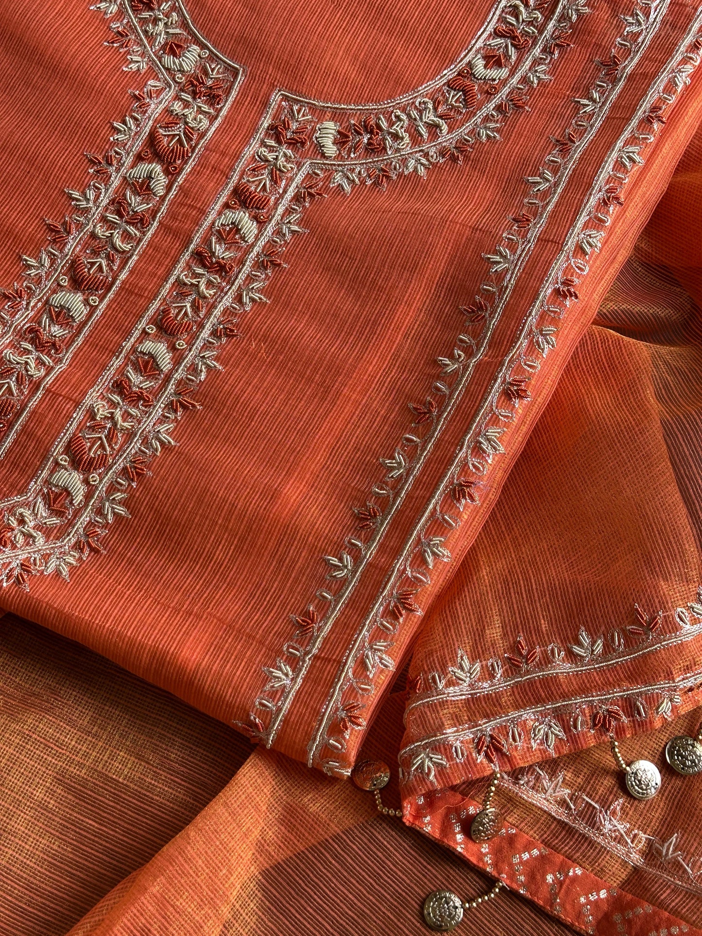 Orange Shade Shade Tissue Kota Chikankari Unstitched Fabric