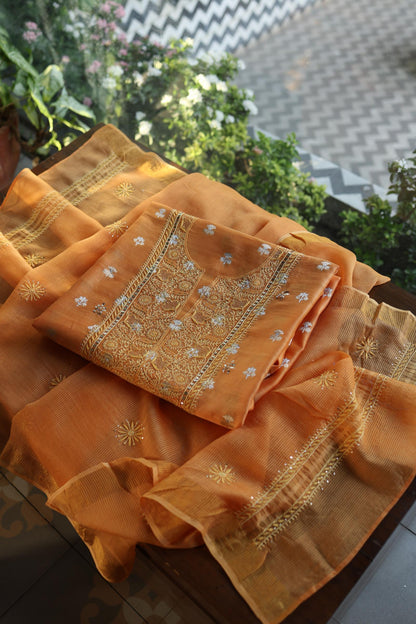 Orange Shade Zari Booti Fine Chikankari With Kamdani Work Unstitched Fabric