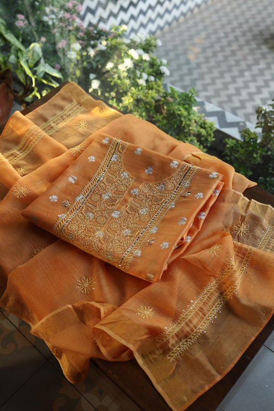 Orange Shade Zari Booti Fine Chikankari With Kamdani Work Unstitched Fabric