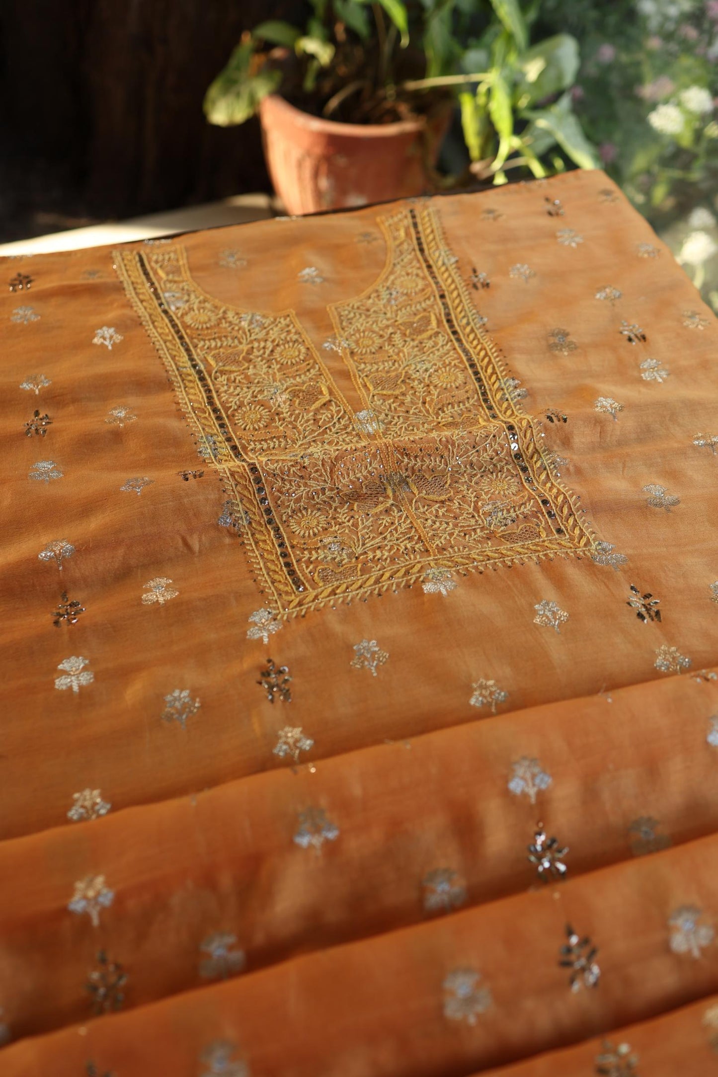 Orange Shade Zari Booti Fine Chikankari With Kamdani Work Unstitched Fabric
