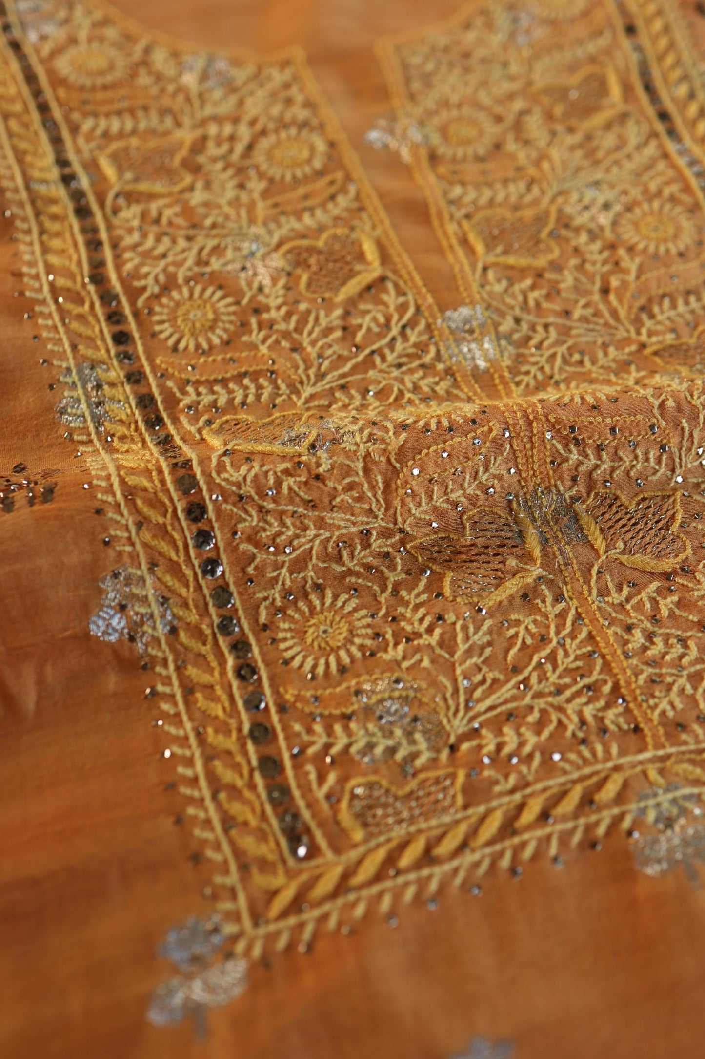 Orange Shade Zari Booti Fine Chikankari With Kamdani Work Unstitched Fabric