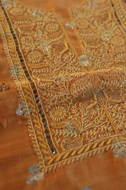 Orange Shade Zari Booti Fine Chikankari With Kamdani Work Unstitched Fabric