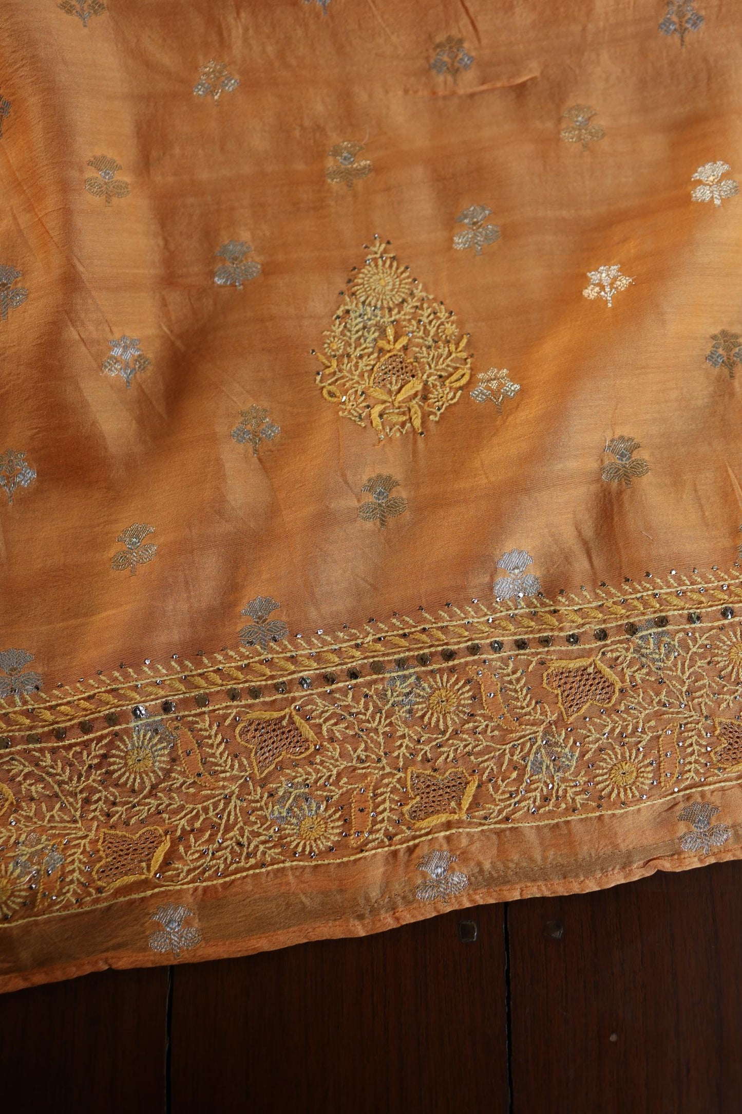 Orange Shade Zari Booti Fine Chikankari With Kamdani Work Unstitched Fabric