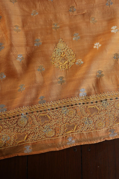 Orange Shade Zari Booti Fine Chikankari With Kamdani Work Unstitched Fabric