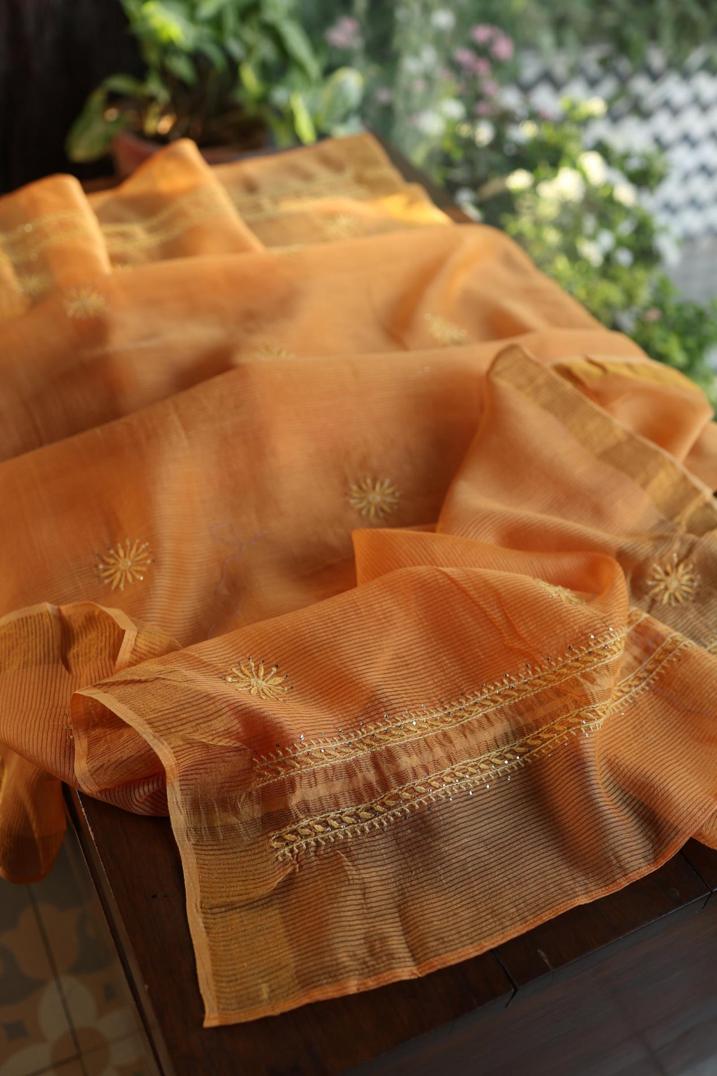 Orange Shade Zari Booti Fine Chikankari With Kamdani Work Unstitched Fabric