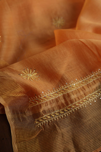 Orange Shade Zari Booti Fine Chikankari With Kamdani Work Unstitched Fabric