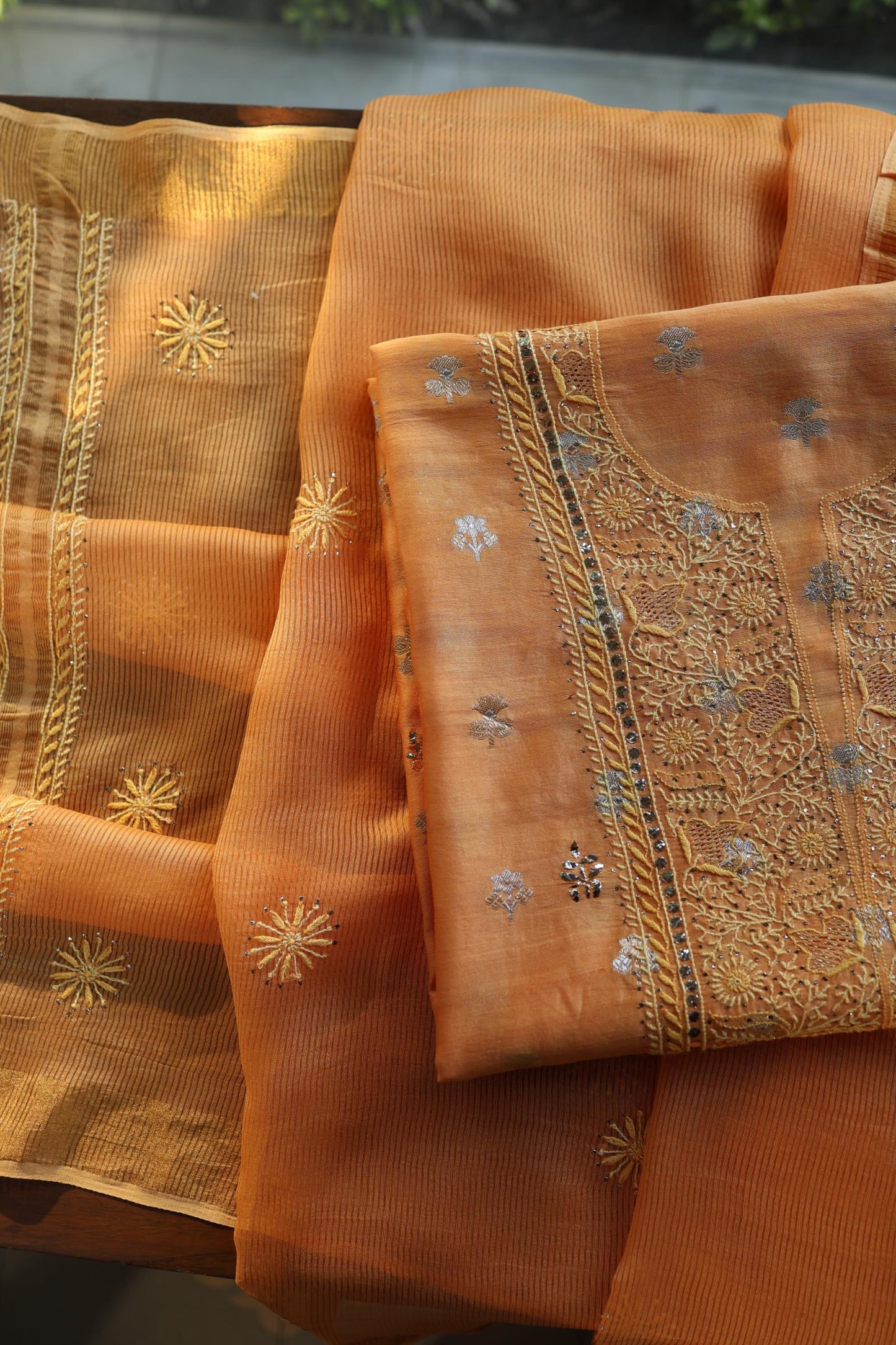 Orange Shade Zari Booti Fine Chikankari With Kamdani Work Unstitched Fabric