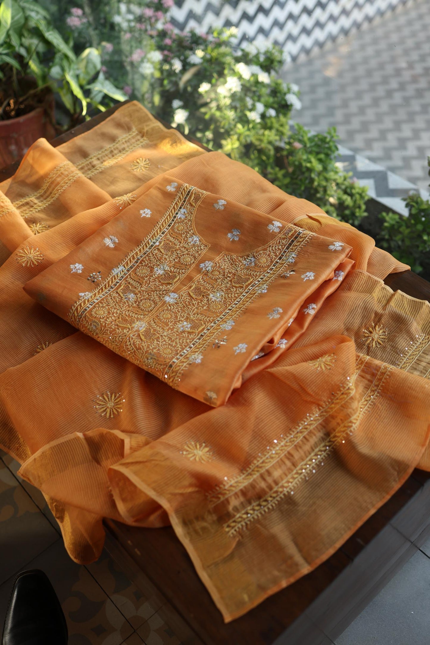 Orange Shade Zari Booti Fine Chikankari With Kamdani Work Unstitched Fabric