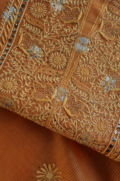 Orange Shade Zari Booti Fine Chikankari With Kamdani Work Unstitched Fabric