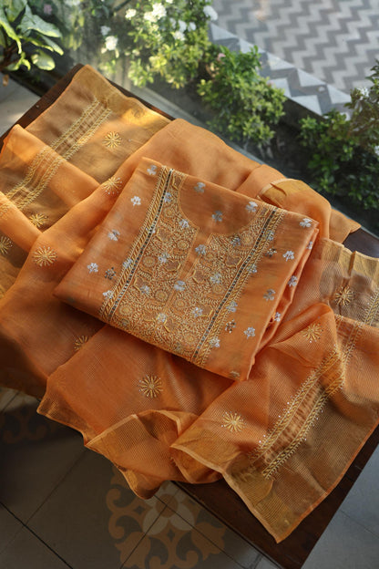 Orange Shade Zari Booti Fine Chikankari With Kamdani Work Unstitched Fabric