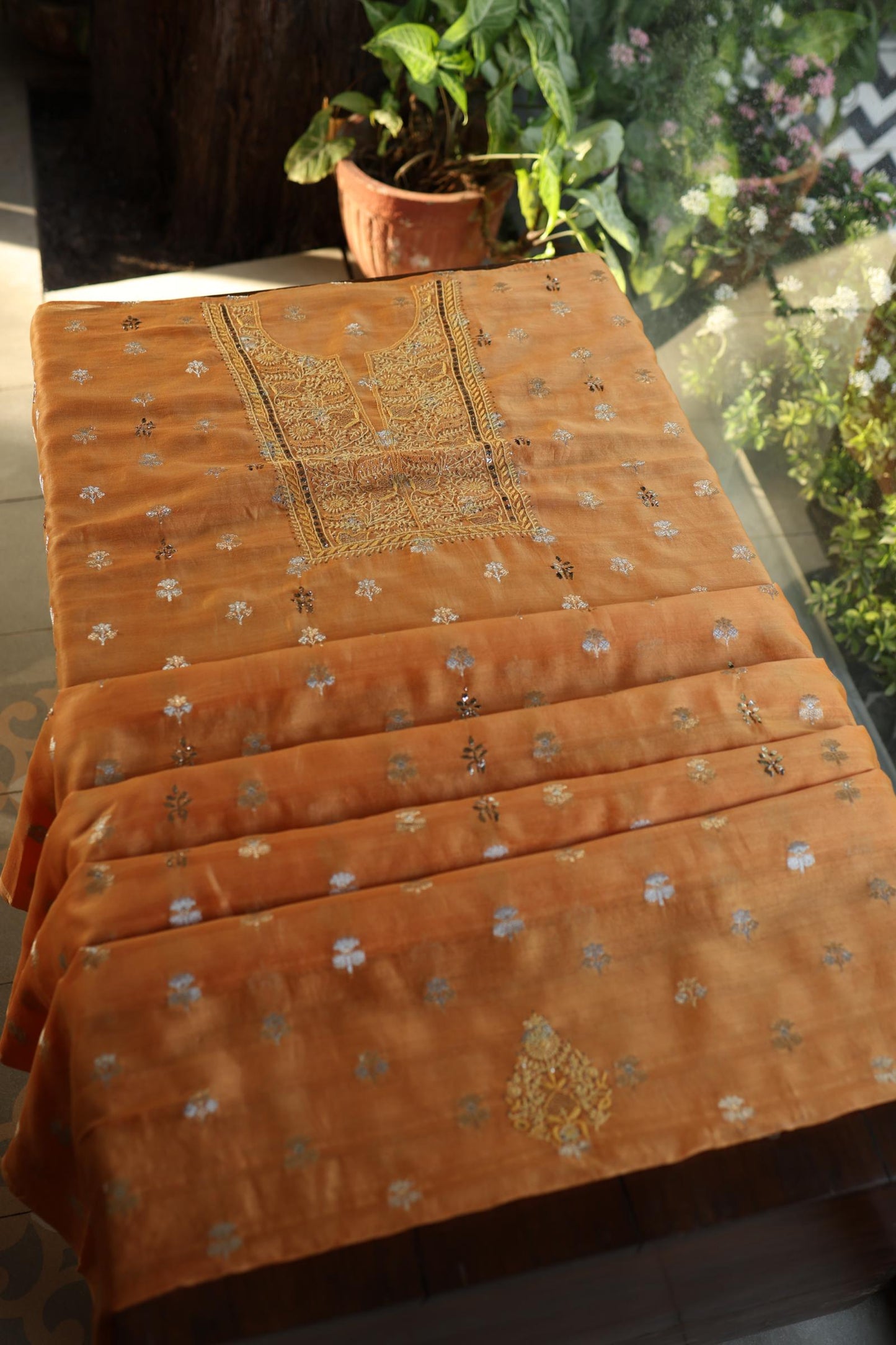 Orange Shade Zari Booti Fine Chikankari With Kamdani Work Unstitched Fabric