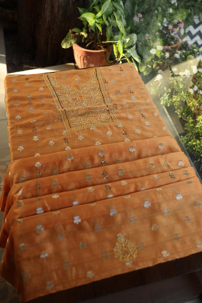 Orange Shade Zari Booti Fine Chikankari With Kamdani Work Unstitched Fabric