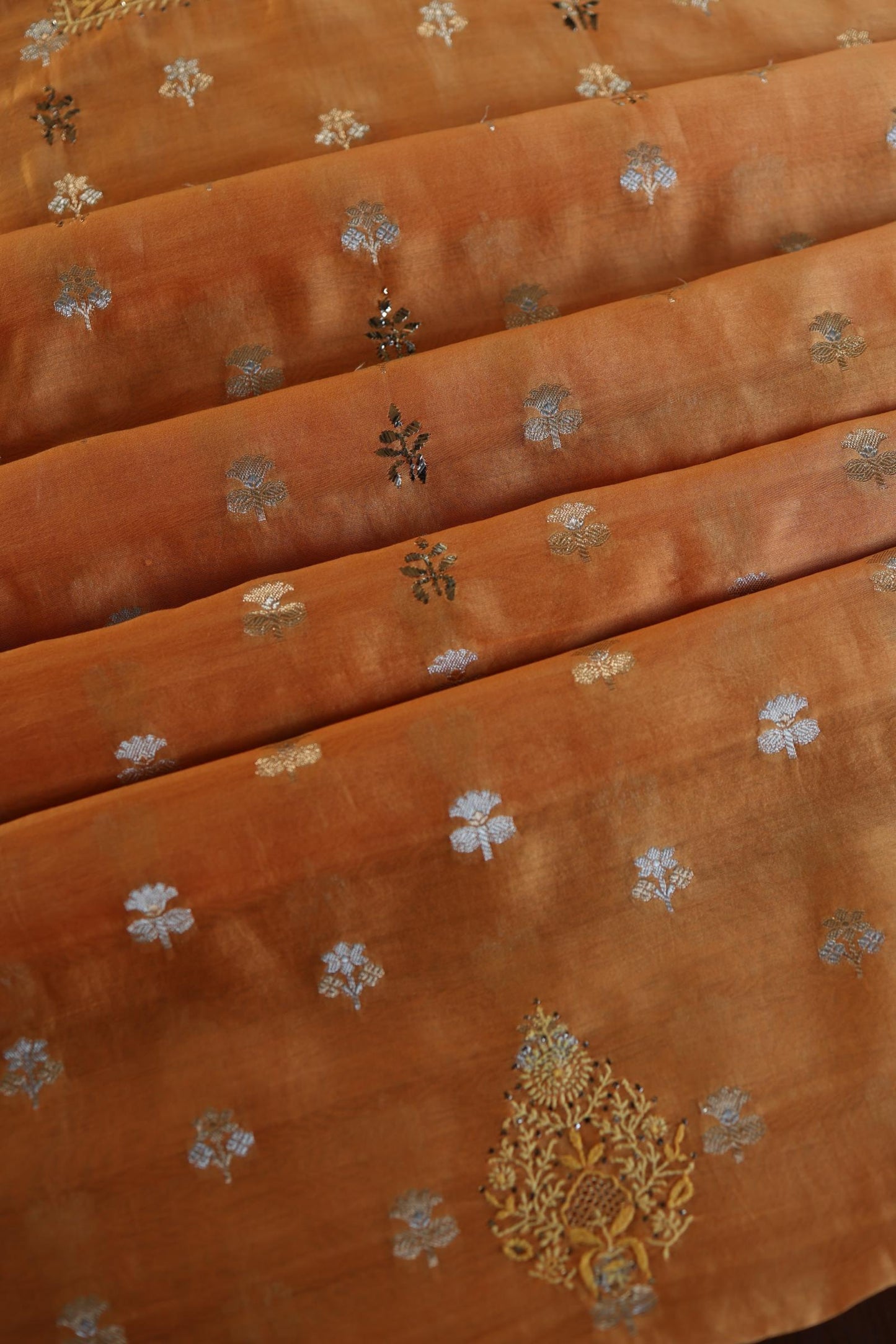 Orange Shade Zari Booti Fine Chikankari With Kamdani Work Unstitched Fabric