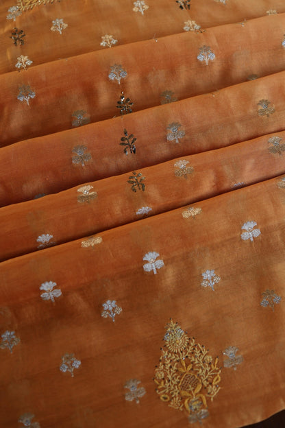 Orange Shade Zari Booti Fine Chikankari With Kamdani Work Unstitched Fabric