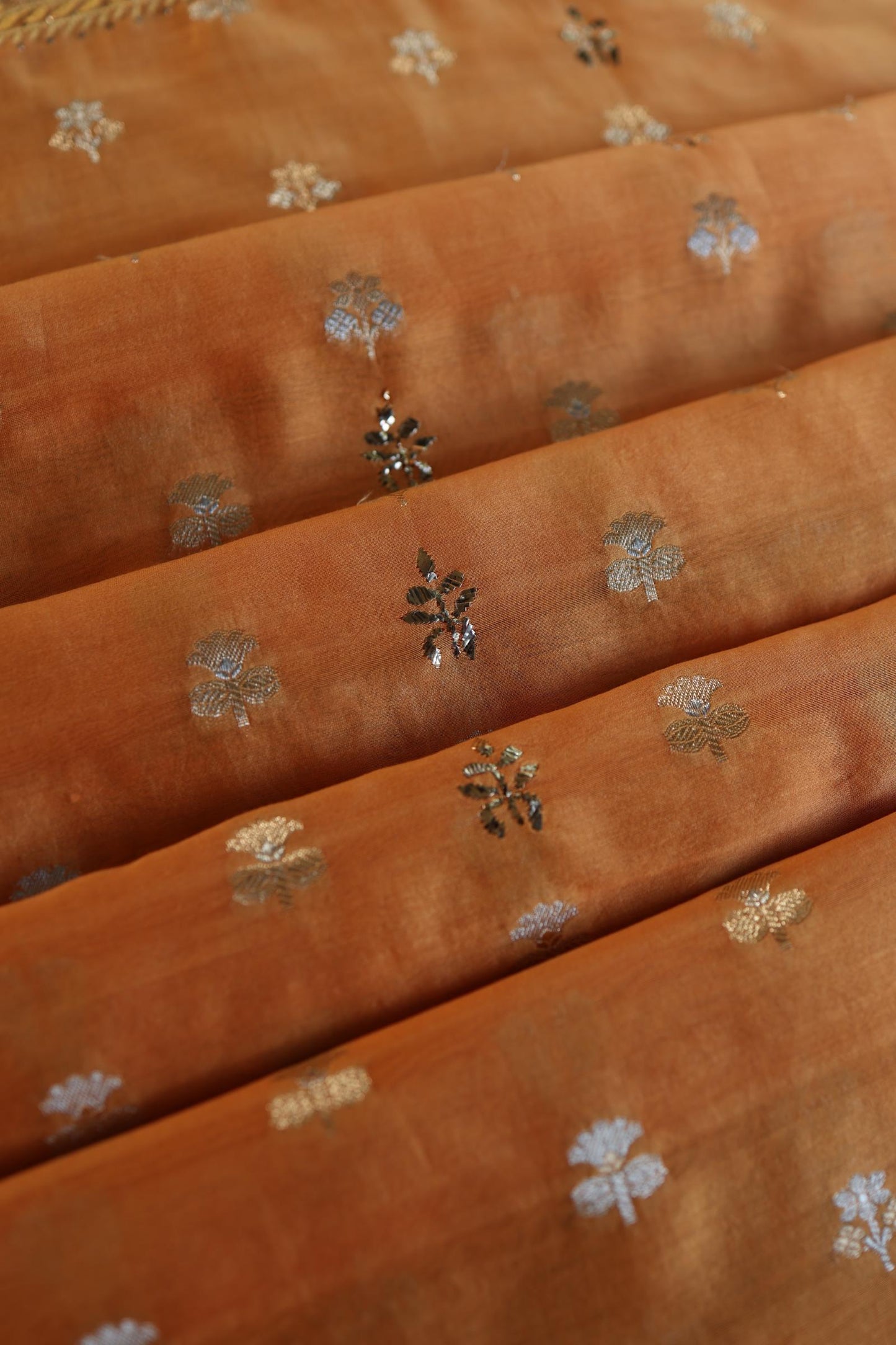 Orange Shade Zari Booti Fine Chikankari With Kamdani Work Unstitched Fabric