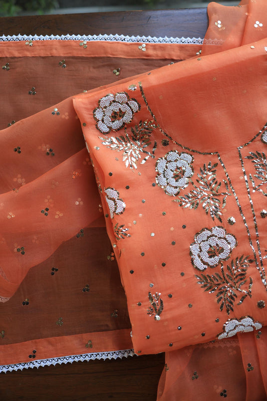 Orange Noor Organza Silk Mukaish Pearl Chikankari Unstitched Fabric