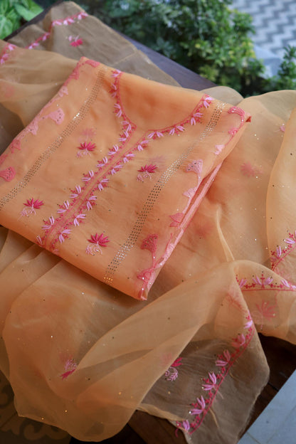 Orange & Pink Shade Organza Silk Chikankari Unstitched Fabric