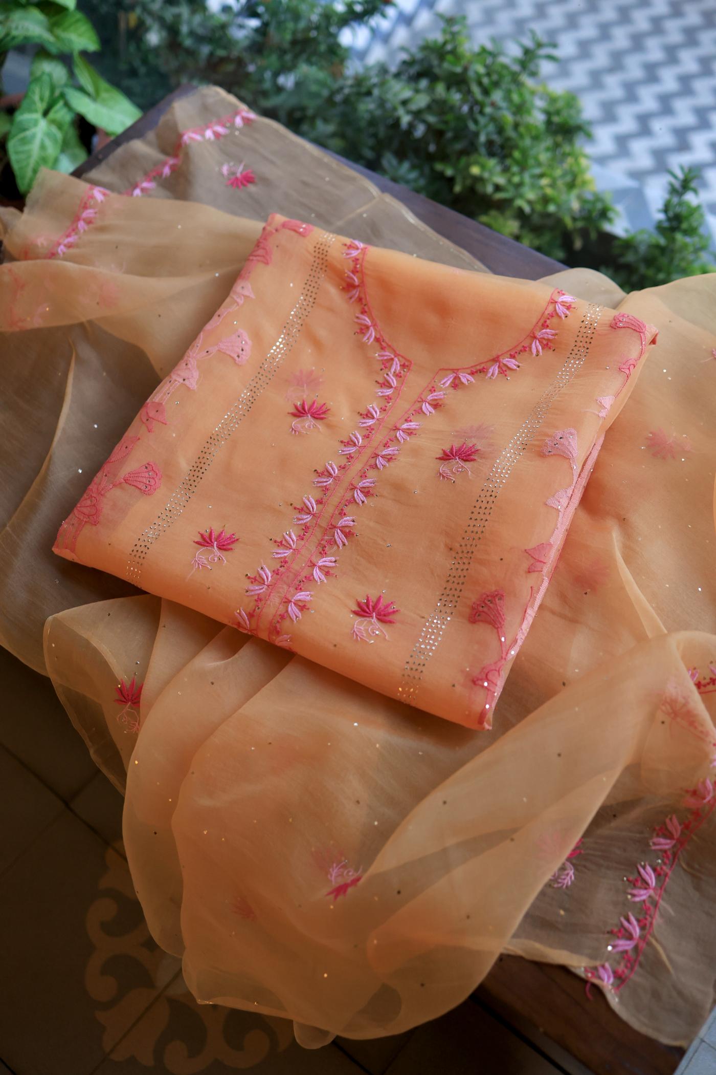 Orange & Pink Shade Organza Silk Chikankari Unstitched Fabric