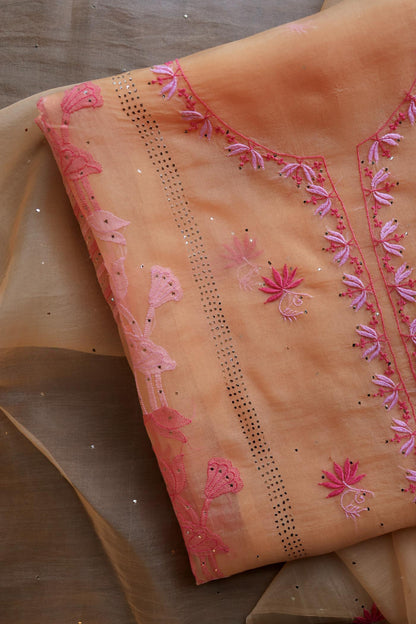 Orange & Pink Shade Organza Silk Chikankari Unstitched Fabric