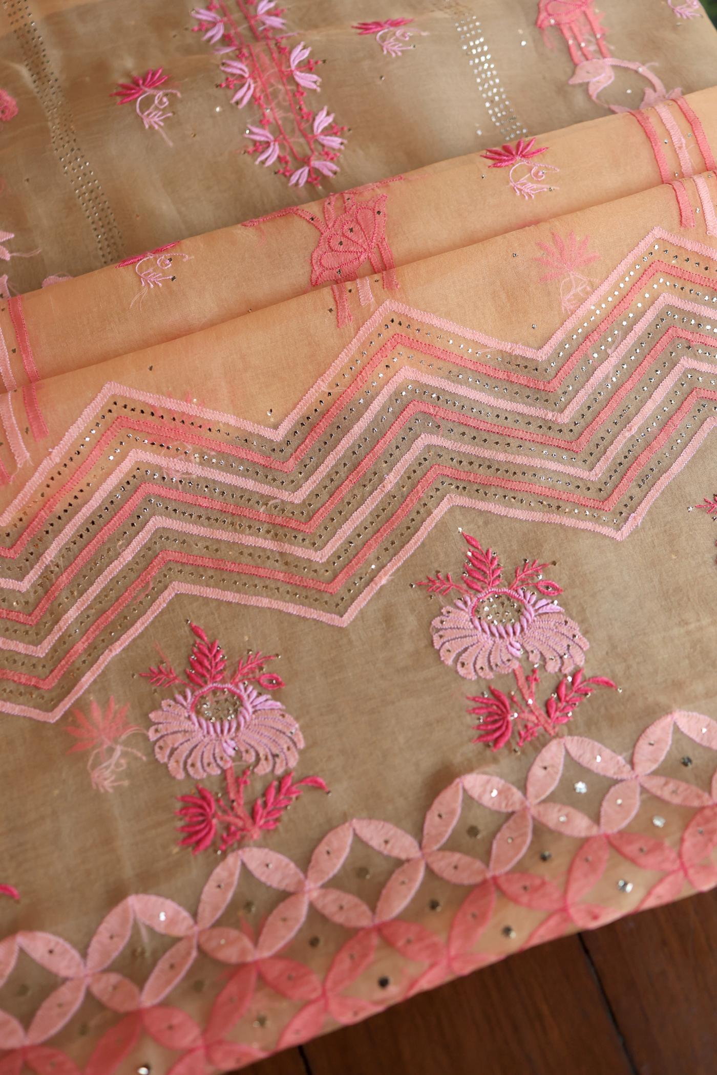 Orange & Pink Shade Organza Silk Chikankari Unstitched Fabric